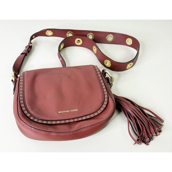 Michael Kors Brooklyn Red/Brown Crossbody Leather Saddle bag w/ Guitar Strap EUC
